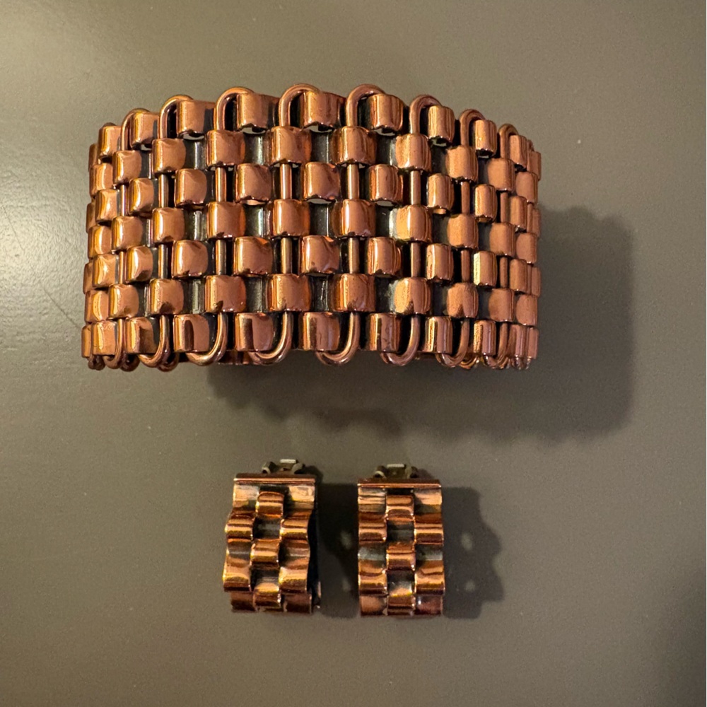 Vintage Renoir Basketweave Copper Cuff Bracelet & Matching Clip-on Earring Set.